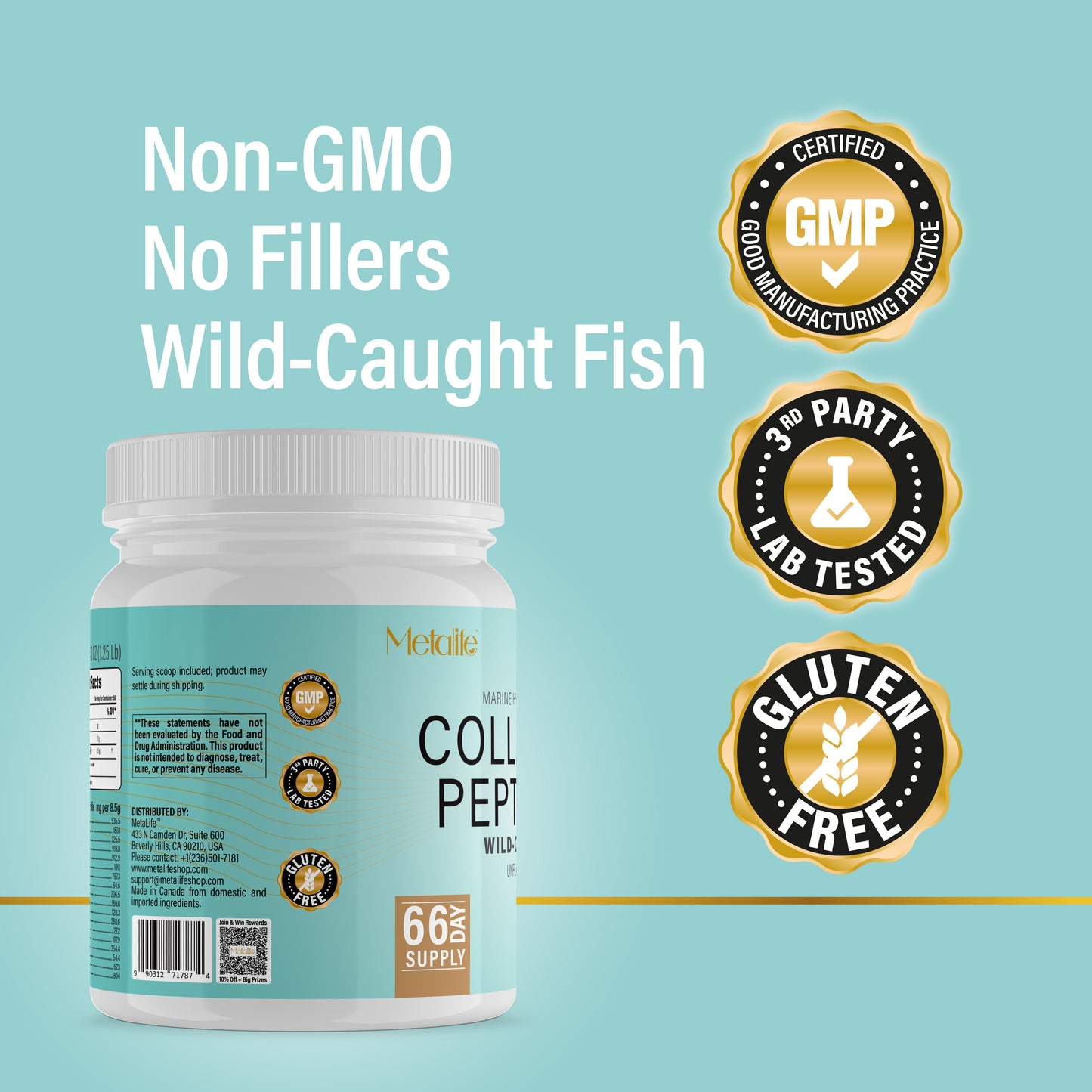 METALIFE Marine Collagen Powder 20Oz, 66 Servings, Hydrolyzed Collagen Peptides, Wild-Caught Fish, Unflavored, Made in Canada, Supports Joints, Skin, Hair & Nails, Premium Protein Supplement