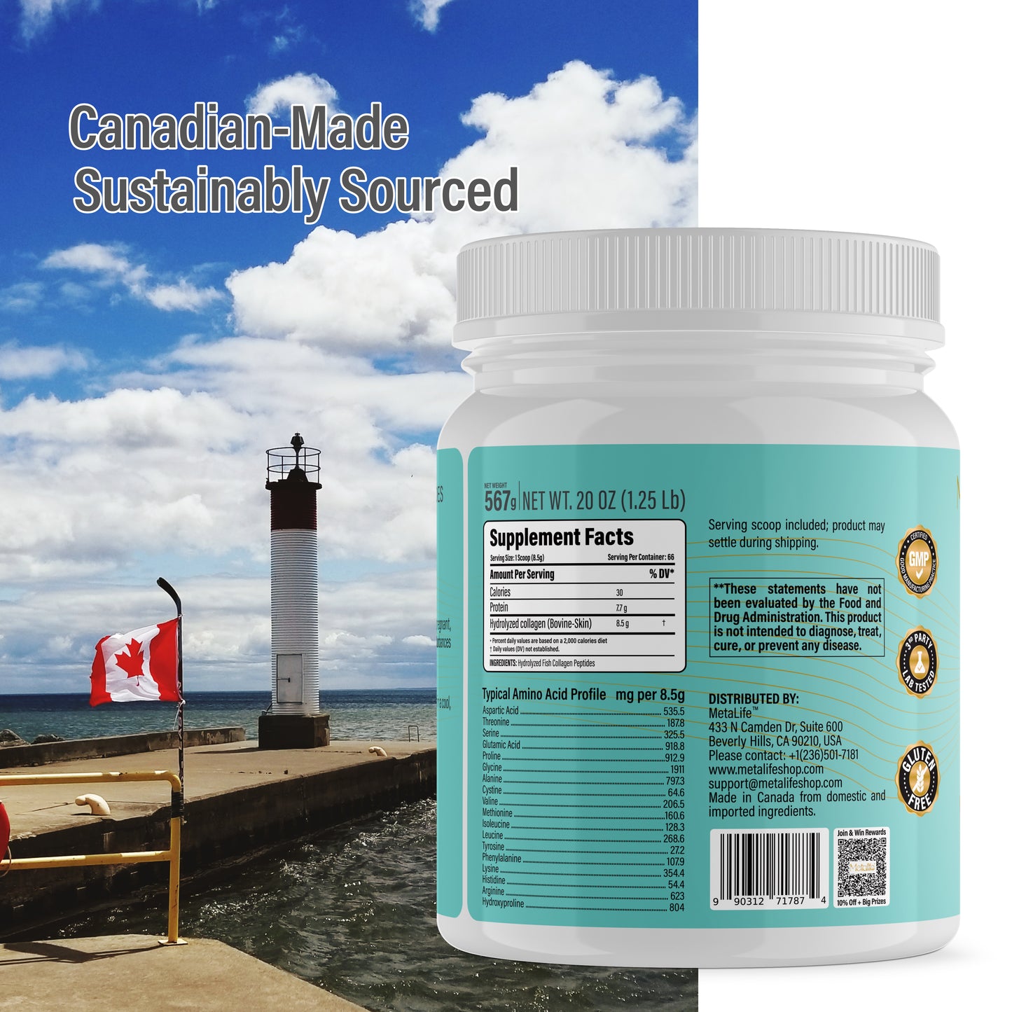 METALIFE Marine Collagen Powder 20Oz, 66 Servings, Hydrolyzed Collagen Peptides, Wild-Caught Fish, Unflavored, Made in Canada, Supports Joints, Skin, Hair & Nails, Premium Protein Supplement