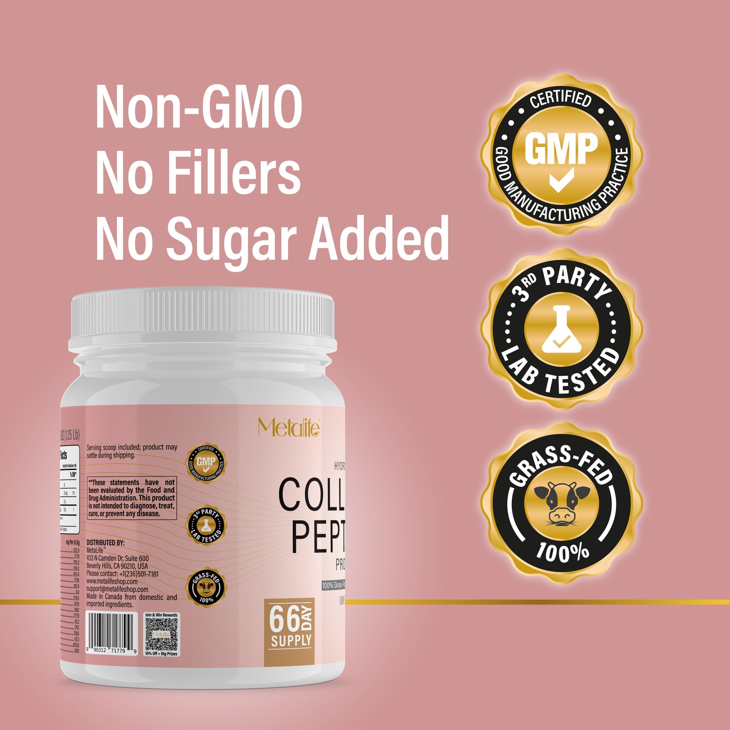 METALIFE Collagen Powder 20 Oz, 66 Servings, Hydrolyzed Collagen Peptides, Grass-Fed Bovine, Unflavored, Made in Canada, Supports Joints, Skin, Hair & Nails, Protein Supplement for Women & Men