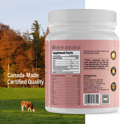 METALIFE Collagen Powder 20 Oz, 66 Servings, Hydrolyzed Collagen Peptides, Grass-Fed Bovine, Unflavored, Made in Canada, Supports Joints, Skin, Hair & Nails, Protein Supplement for Women & Men