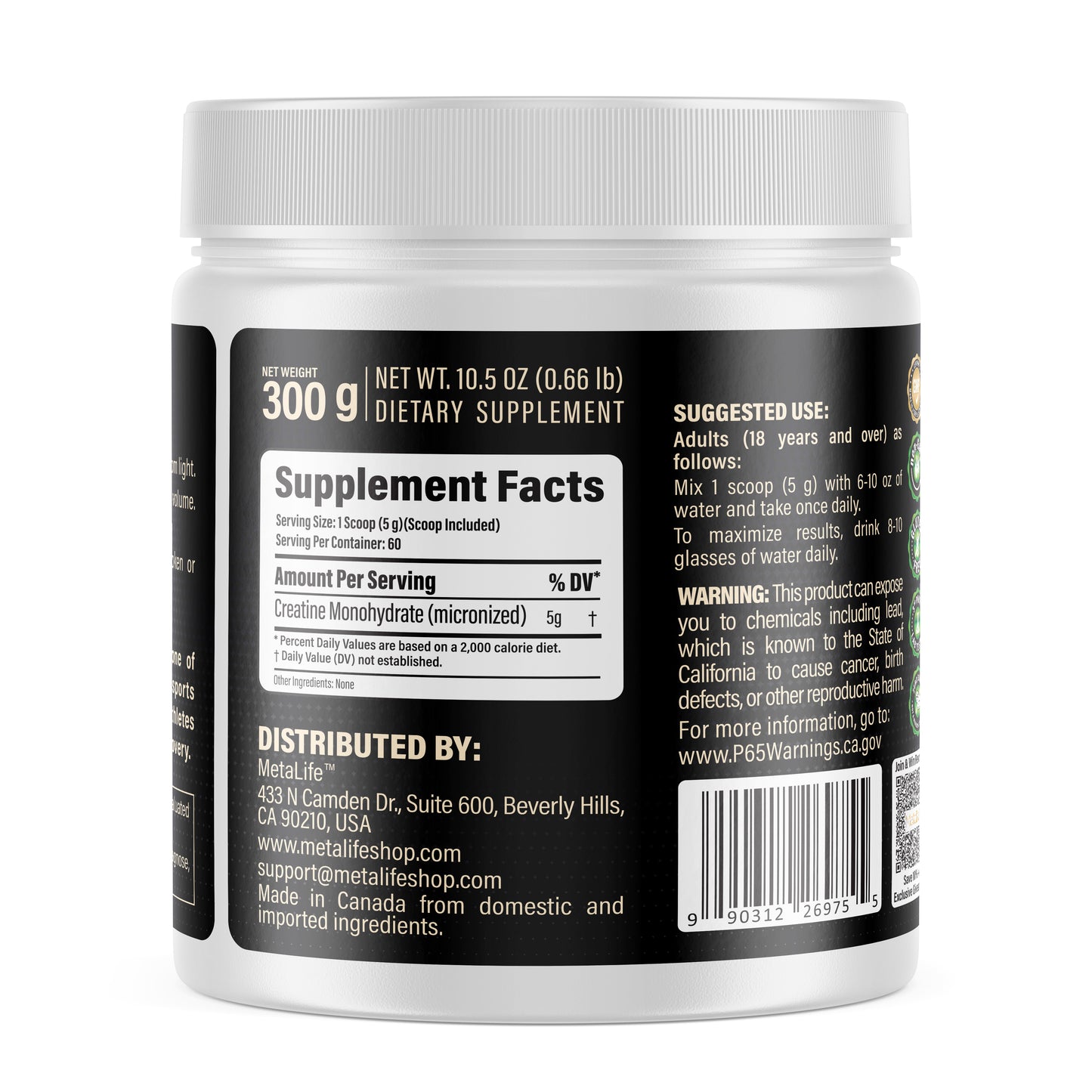 MetaLife 100% Pure Creatine Monohydrate - 60 Servings (300 g)
