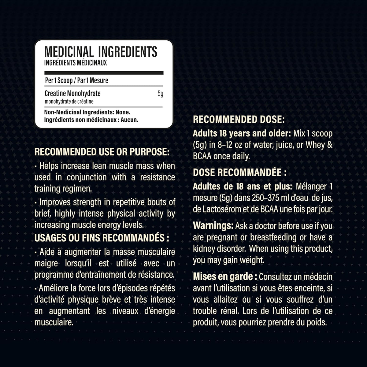 Creatine Monohydrate ingredients and directions in English and French