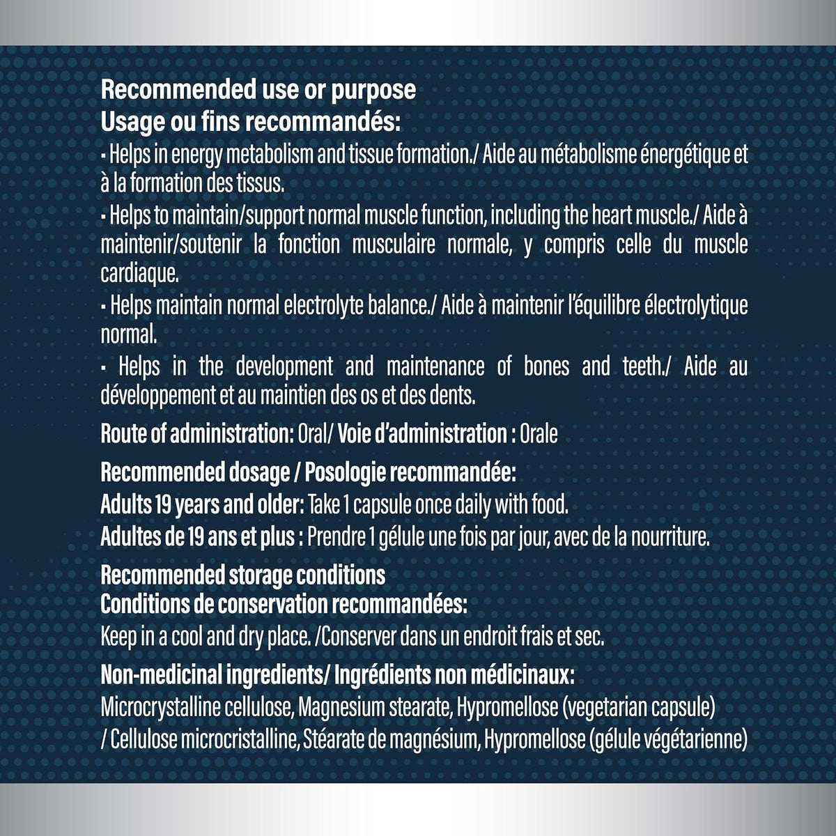 Magnesium directions and non-medicinal ingredients in English and French