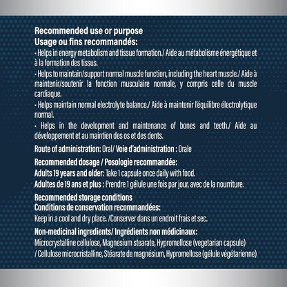 Magnesium directions and non-medicinal ingredients in English and French