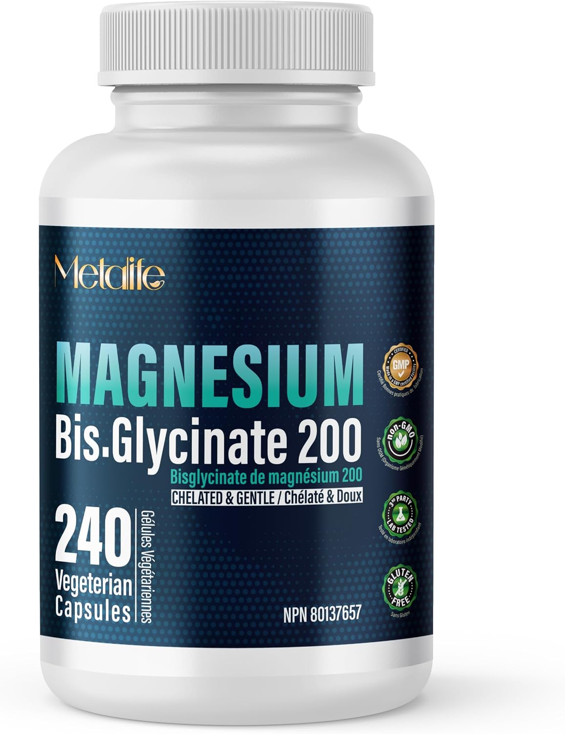 MetaLife Magnesium Bis-Glycinate 200 mg, 240 vegetarian capsules