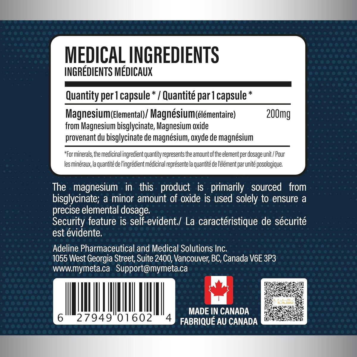 Magnesium 200 mg ingredients, bilingual Canadian label for 240 capsules