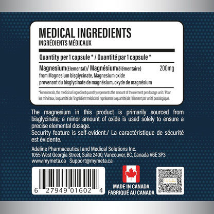 Magnesium 200 mg ingredients, bilingual Canadian label for 240 capsules