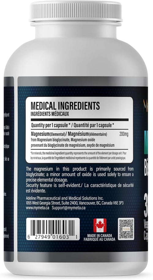 MetaLife Magnesium Bis-Glycinate 200 mg large bottle, Canadian ingredients label