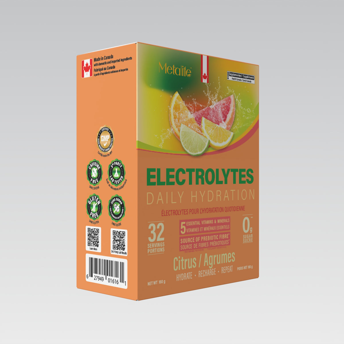 MetaLife Electrolytes Citrus, 32 sachets — three-quarter pack view