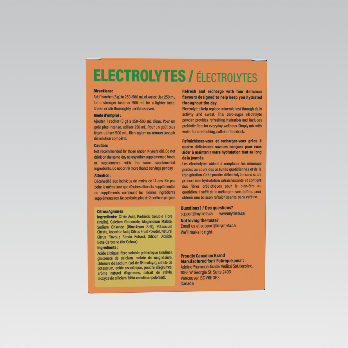 MetaLife Electrolytes Citrus, 32 sachets — directions and caution statements