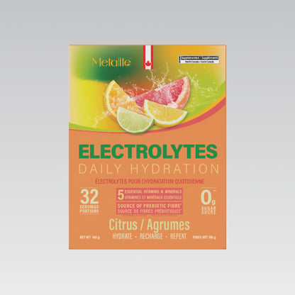 MetaLife Electrolytes Citrus, 32 sachets — front of bilingual Canadian pack