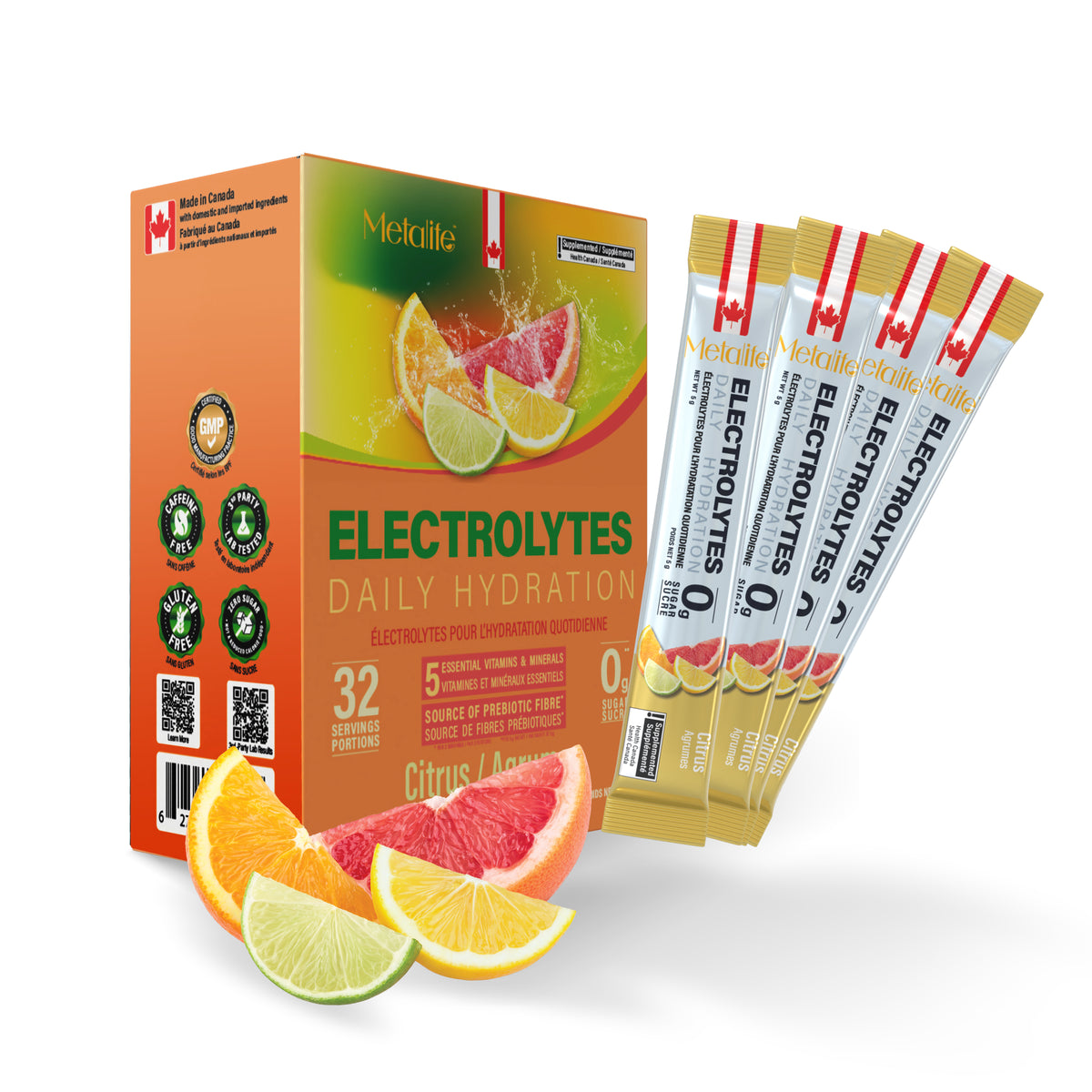 MetaLife Electrolytes Citrus, 32 sachets – box and individual sachets