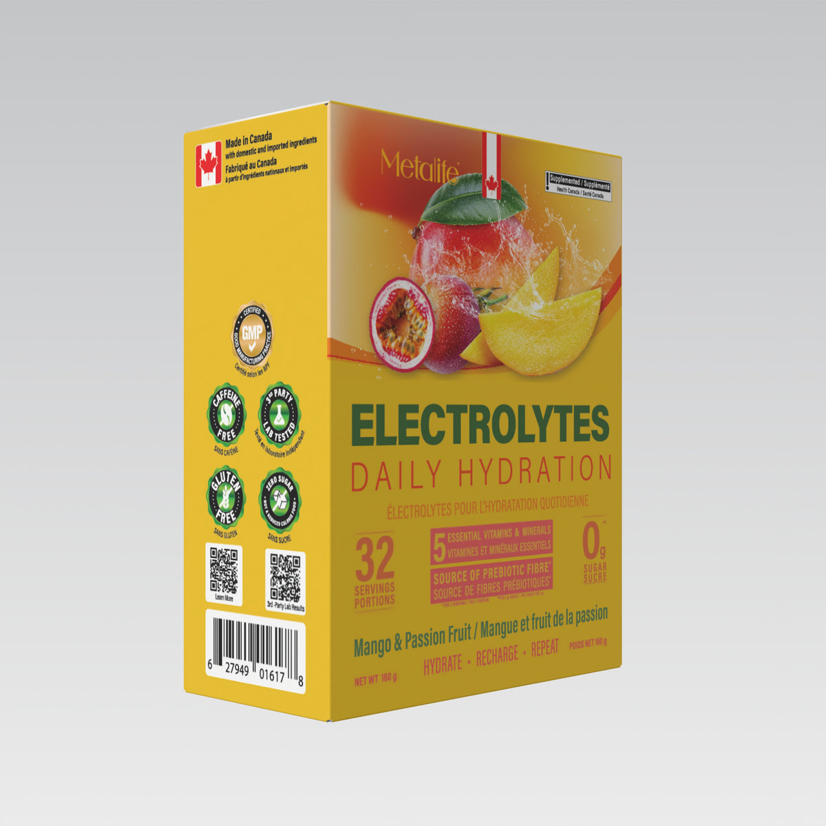 MetaLife Electrolytes Mango & Passion Fruit, 32 sachets — three-quarter pack view