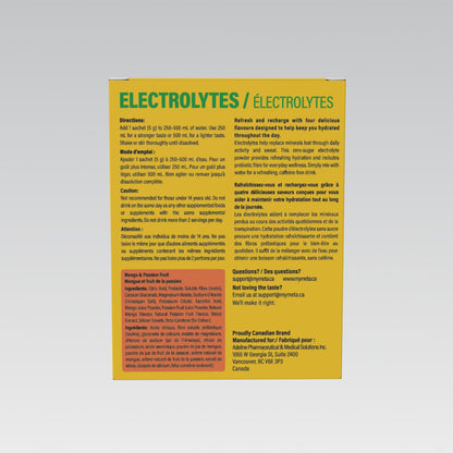 MetaLife Electrolytes Mango & Passion Fruit, 32 sachets — directions and caution statements