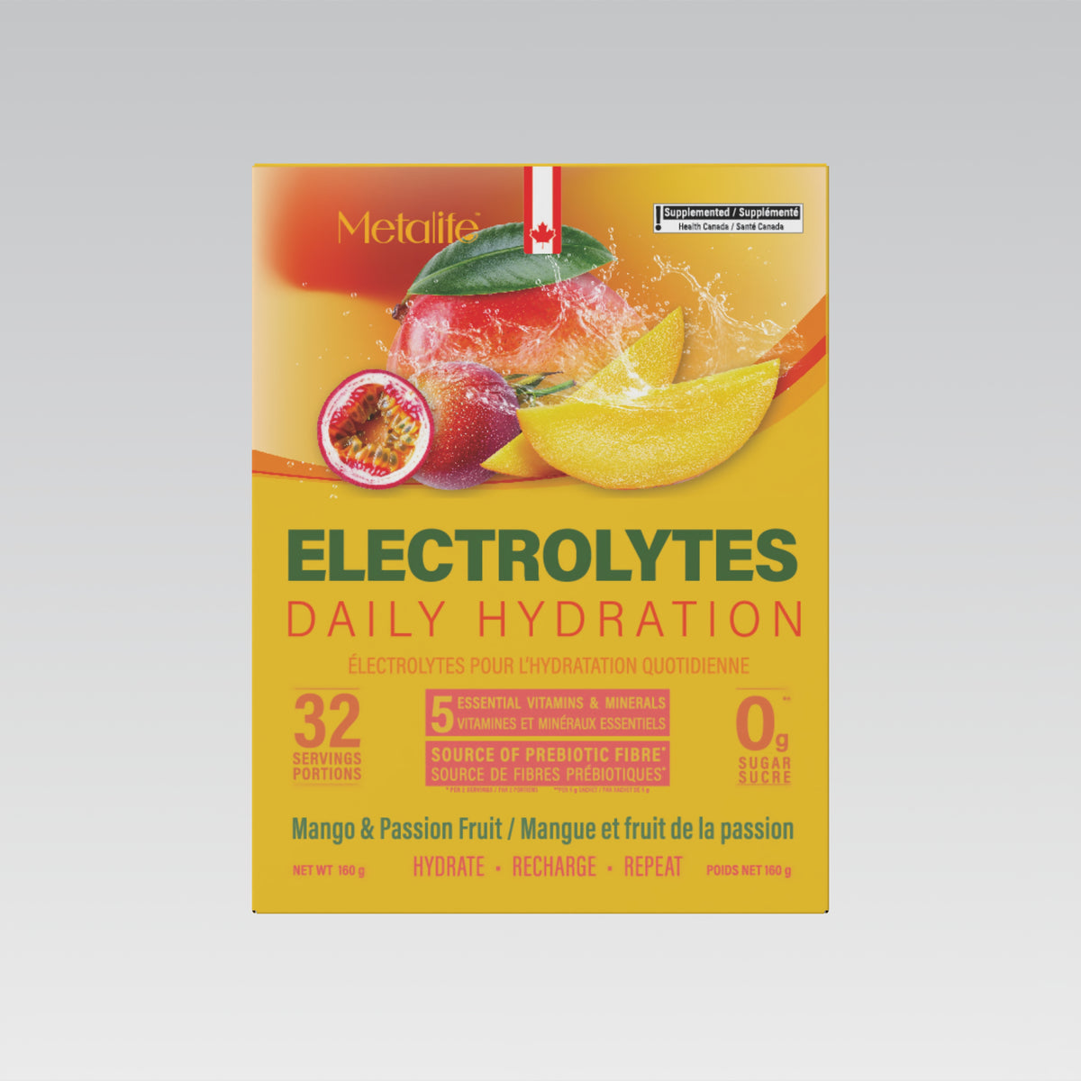 MetaLife Electrolytes Mango & Passion Fruit, 32 sachets — front of bilingual Canadian pack