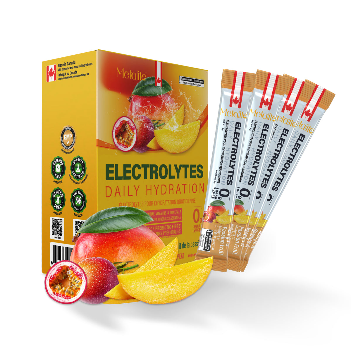 MetaLife Electrolytes Mango & Passion Fruit, 32 sachets – box and individual sachets