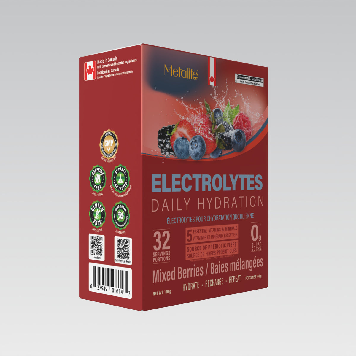 MetaLife Electrolytes Mixed Berries, 32 sachets — three-quarter pack view