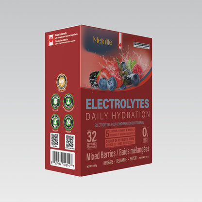 MetaLife Electrolytes Mixed Berries, 32 sachets — three-quarter pack view