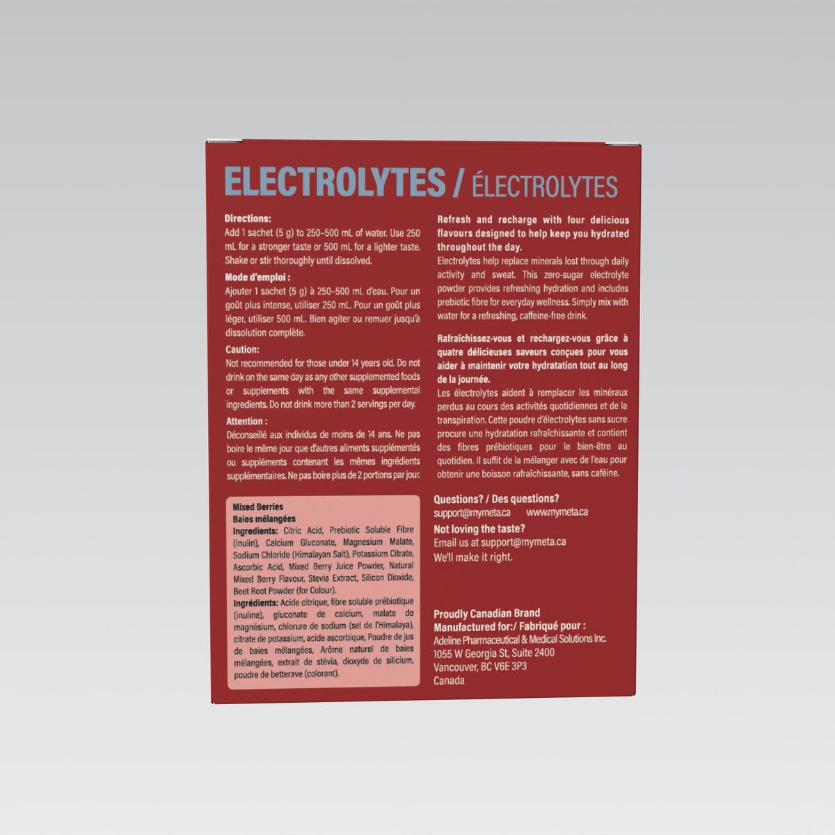 MetaLife Electrolytes Mixed Berries, 32 sachets — directions and caution statements