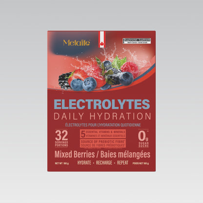 MetaLife Electrolytes Mixed Berries, 32 sachets — front of bilingual Canadian pack