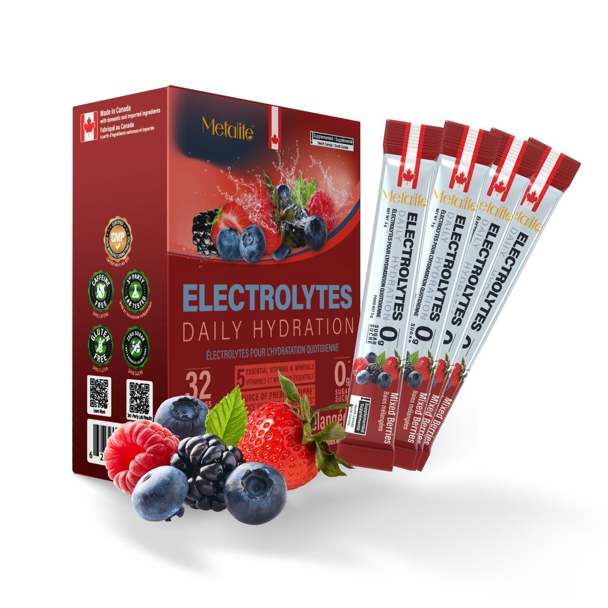 MetaLife Electrolytes Mixed Berries, 32 sachets – box and individual sachets
