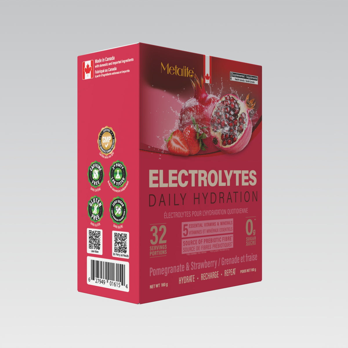 MetaLife Electrolytes Pomegranate & Strawberry, 32 sachets — three-quarter pack view
