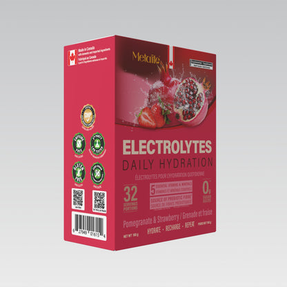 MetaLife Electrolytes Pomegranate & Strawberry, 32 sachets — three-quarter pack view