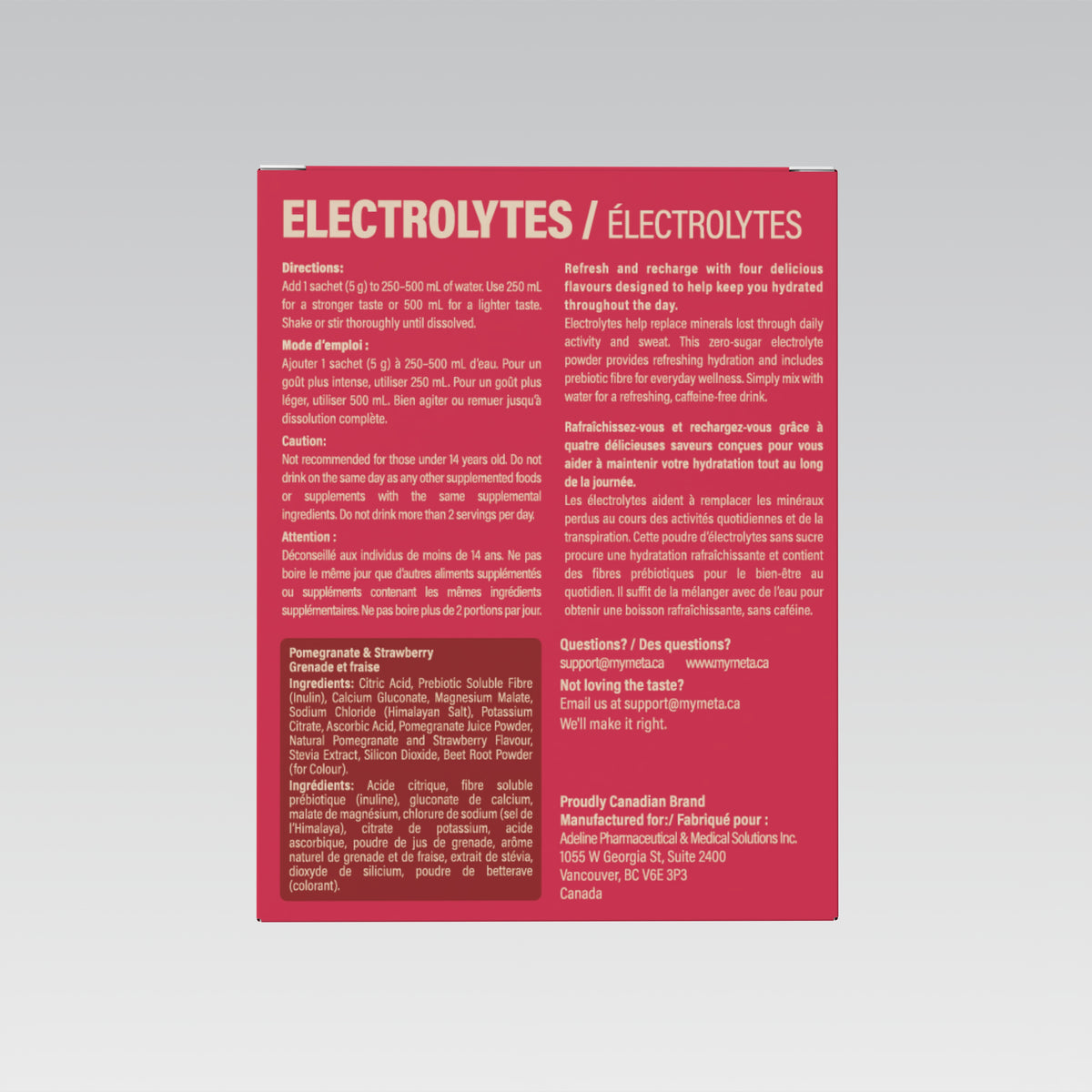 MetaLife Electrolytes Pomegranate & Strawberry, 32 sachets — directions and caution statements