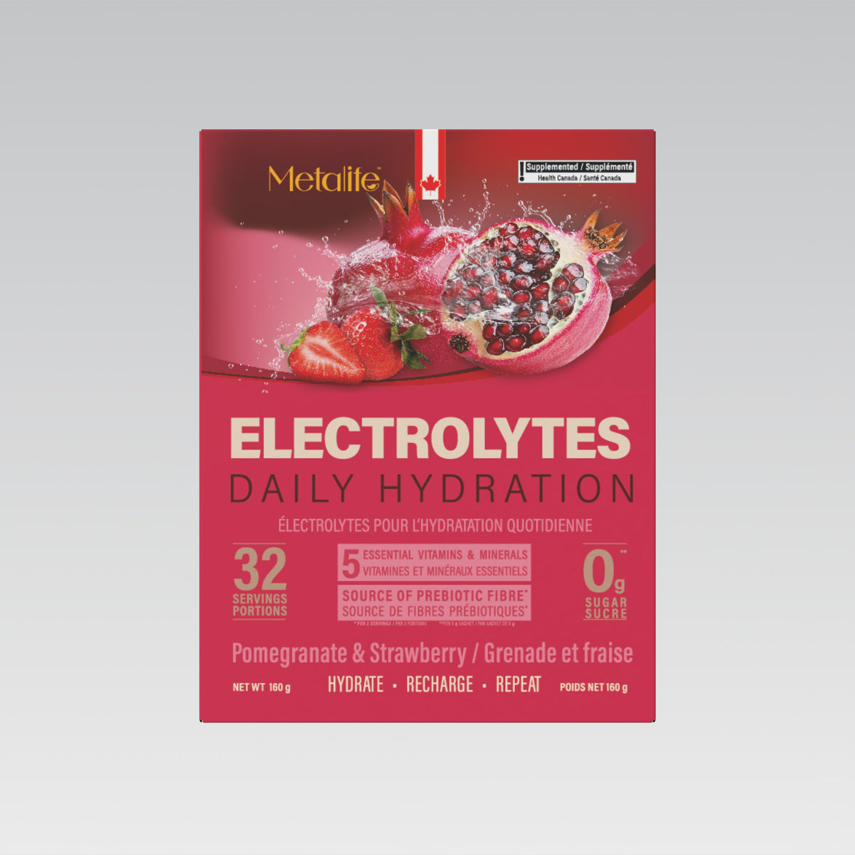 MetaLife Electrolytes Pomegranate & Strawberry, 32 sachets — front of bilingual Canadian pack
