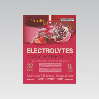MetaLife Electrolytes Pomegranate & Strawberry, 32 sachets — front of bilingual Canadian pack