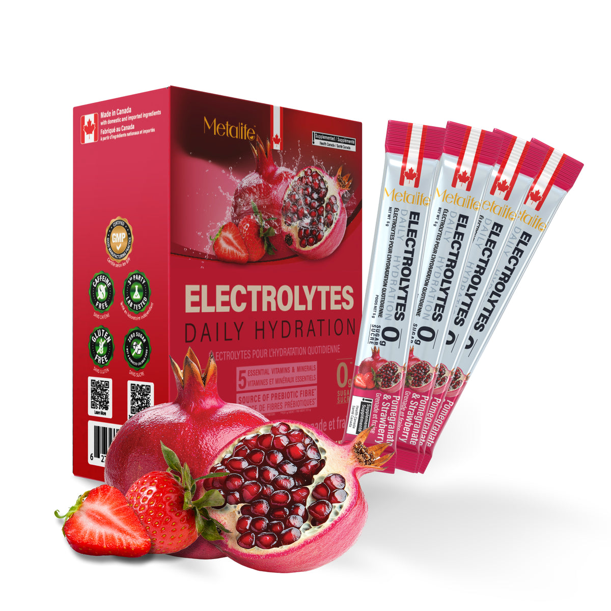 MetaLife Electrolytes Pomegranate & Strawberry, 32 sachets – box and individual sachets