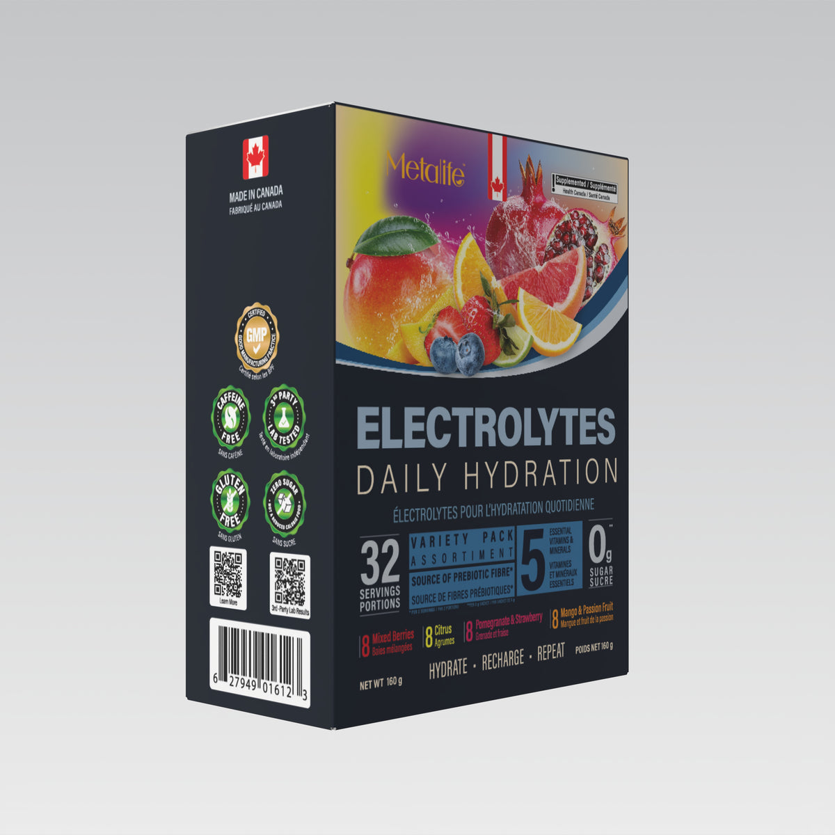 MetaLife Electrolytes Variety Pack, 32 sachets — three-quarter pack view