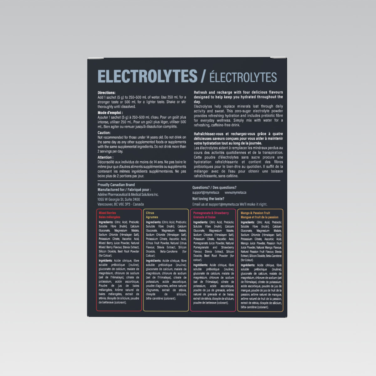 MetaLife Electrolytes Variety Pack, 32 sachets — directions and caution statements