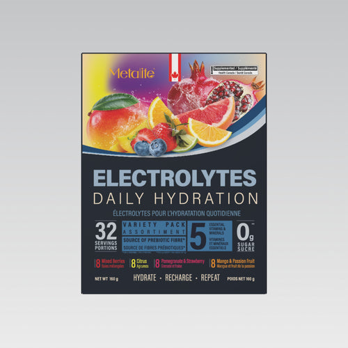 MetaLife Electrolytes Variety Pack, 32 sachets — front of bilingual Canadian pack