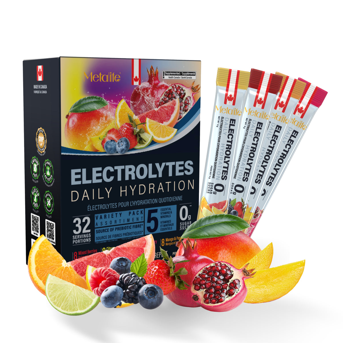 MetaLife Electrolytes Variety Pack, 32 sachets – box and individual sachets